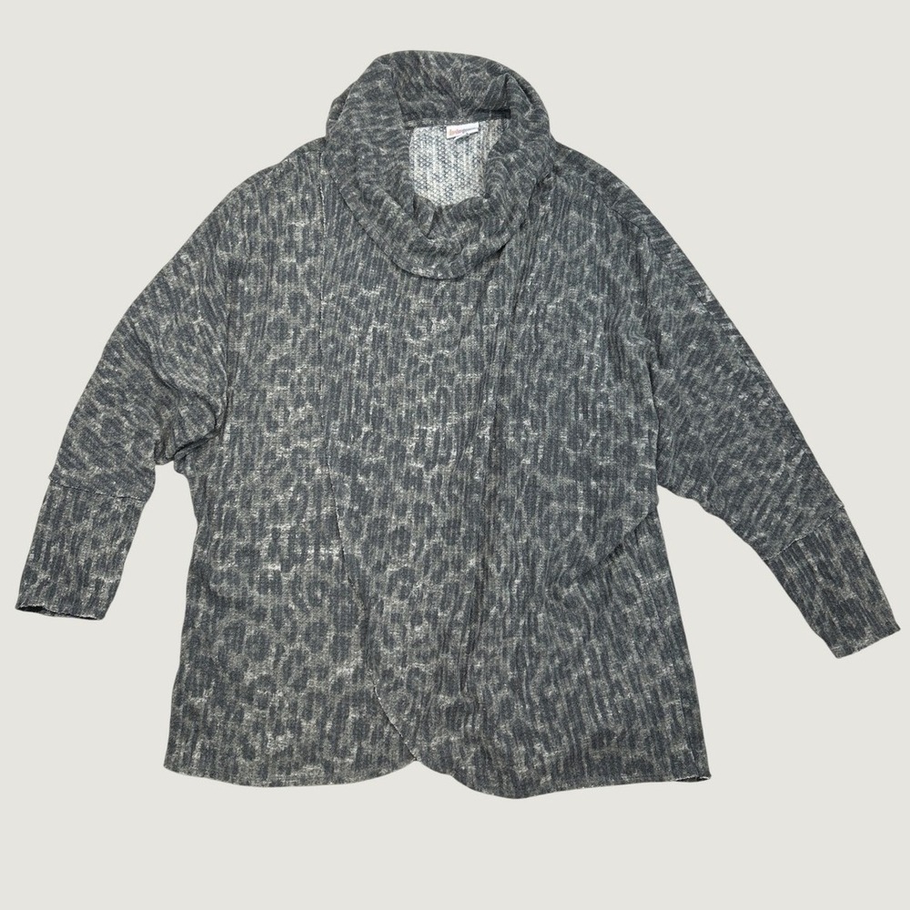 LuLaRoe Sweater Womens L Grey Leopard Cowl Neck Draped Hem Wrap Long Sleeve